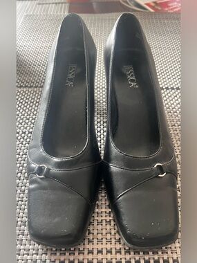 Jessica Black Square-Toe Low Heels with Metal Ring Accent